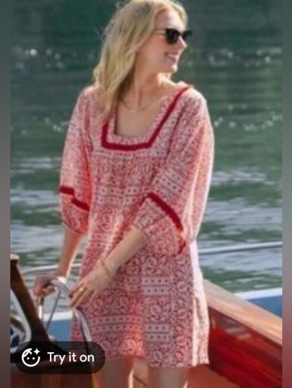 Red Printed Cotton Mini Dress Or Swim Cover-Up XS/S W Fringe